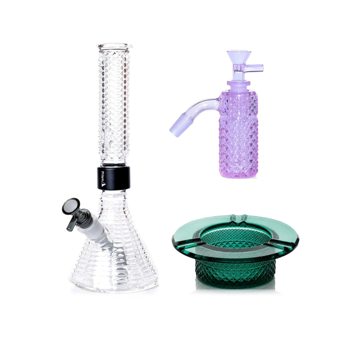 Jane West Premium Bundle: Grape Jolly Rancher 45° ash catcher, Clear Jane West beaker bong and Teal ashtray