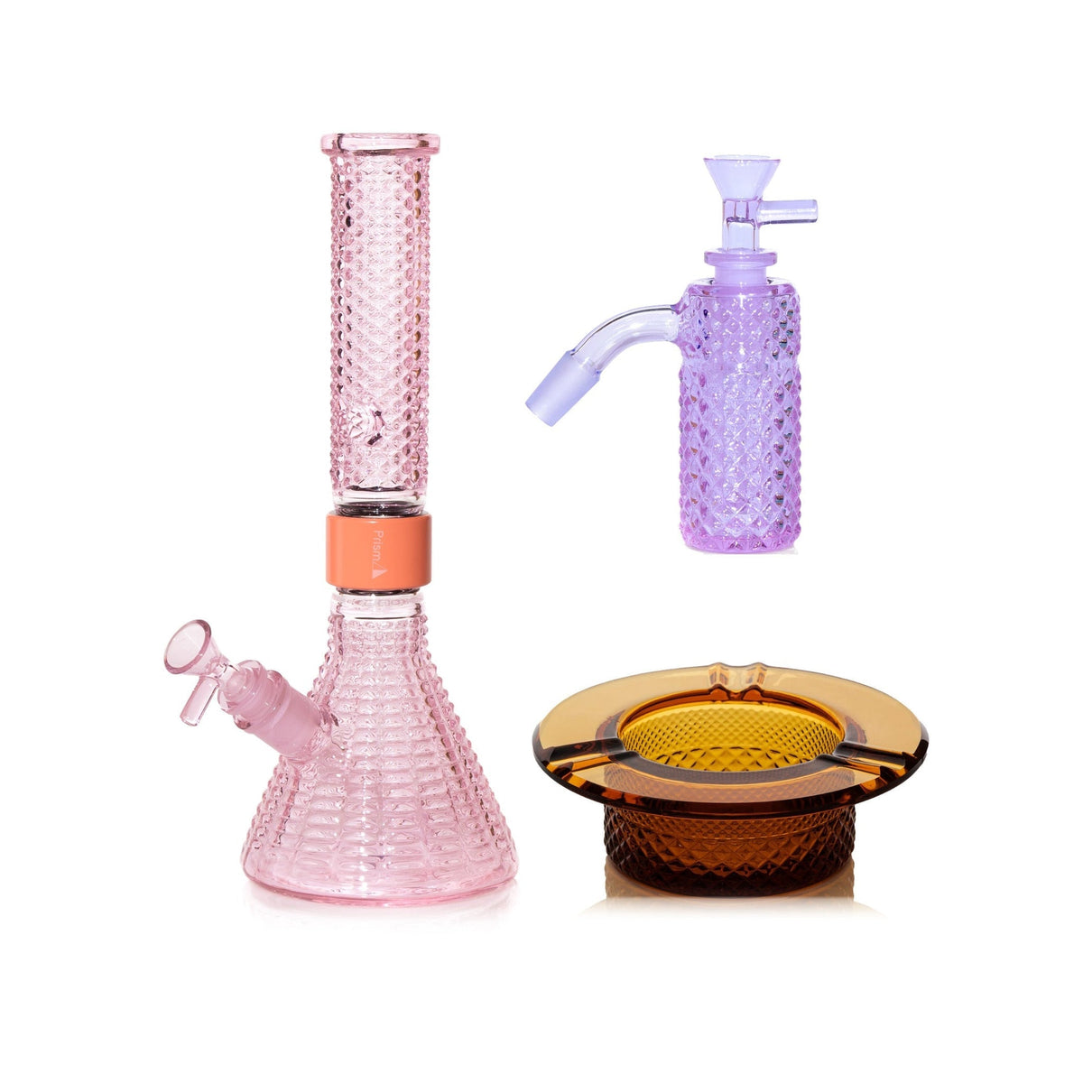 Jane West Premium Bundle: Grape Jolly Rancher 45° ash catcher, Pink Lemonade Jane West beaker bong and Amber ashtray