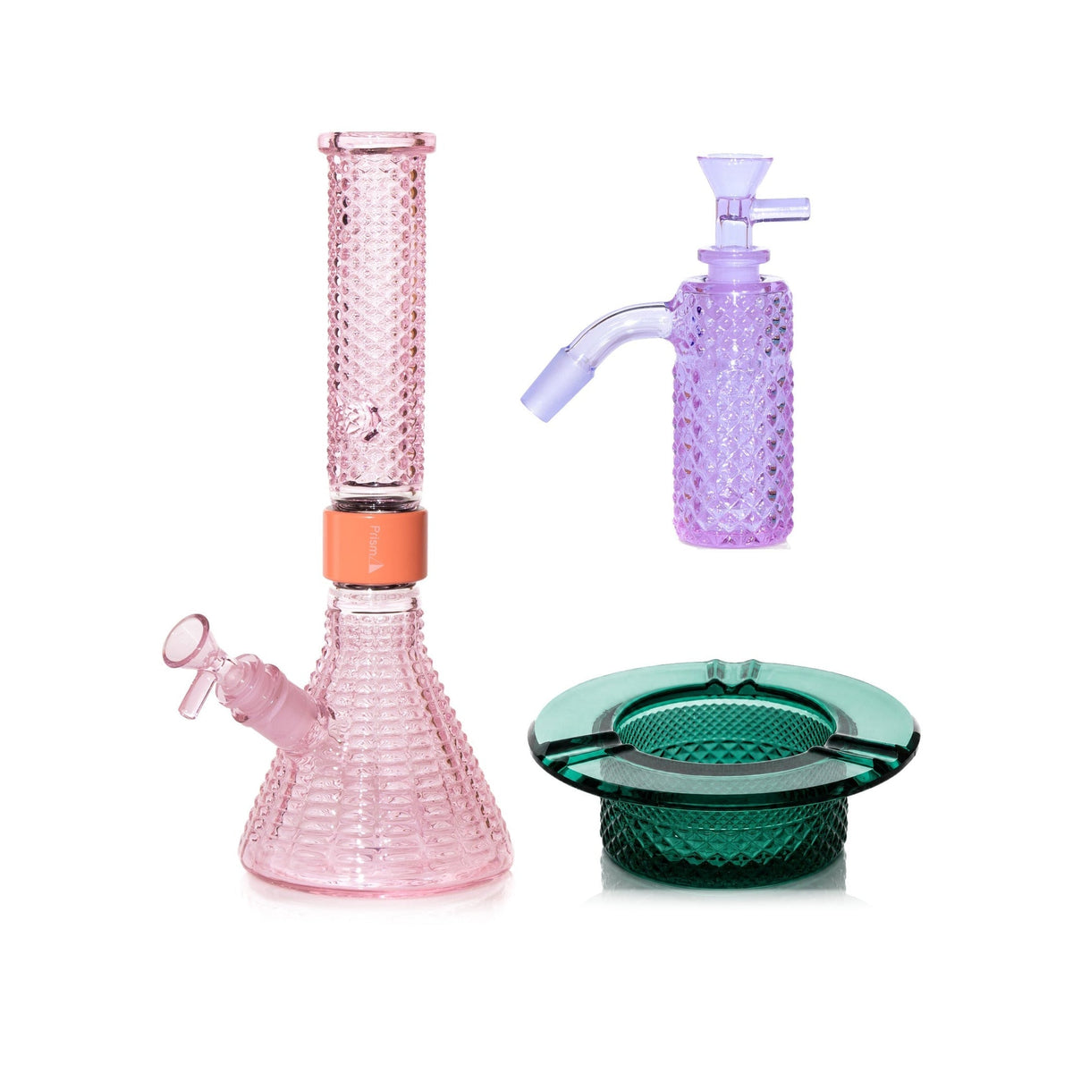 Jane West Premium Bundle: Grape Jolly Rancher 45° ash catcher, Pink Lemonade Jane West beaker bong and Teal ashtray