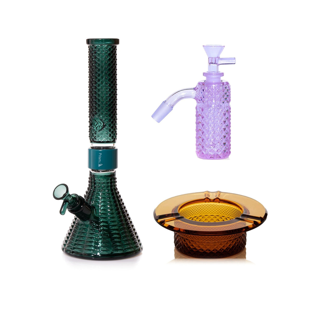 Jane West Premium Bundle: Grape Jolly Rancher 45° ash catcher, Teal Jane West beaker bong and Amber ashtray