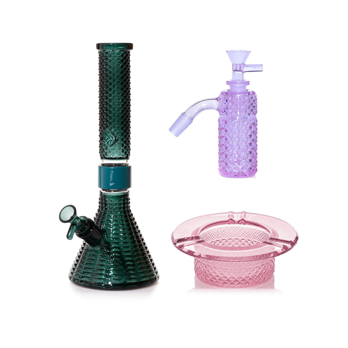 Jane West Premium Bundle: Grape Jolly Rancher 45° ash catcher, Teal Jane West beaker bong and Pink Lemonade ashtray