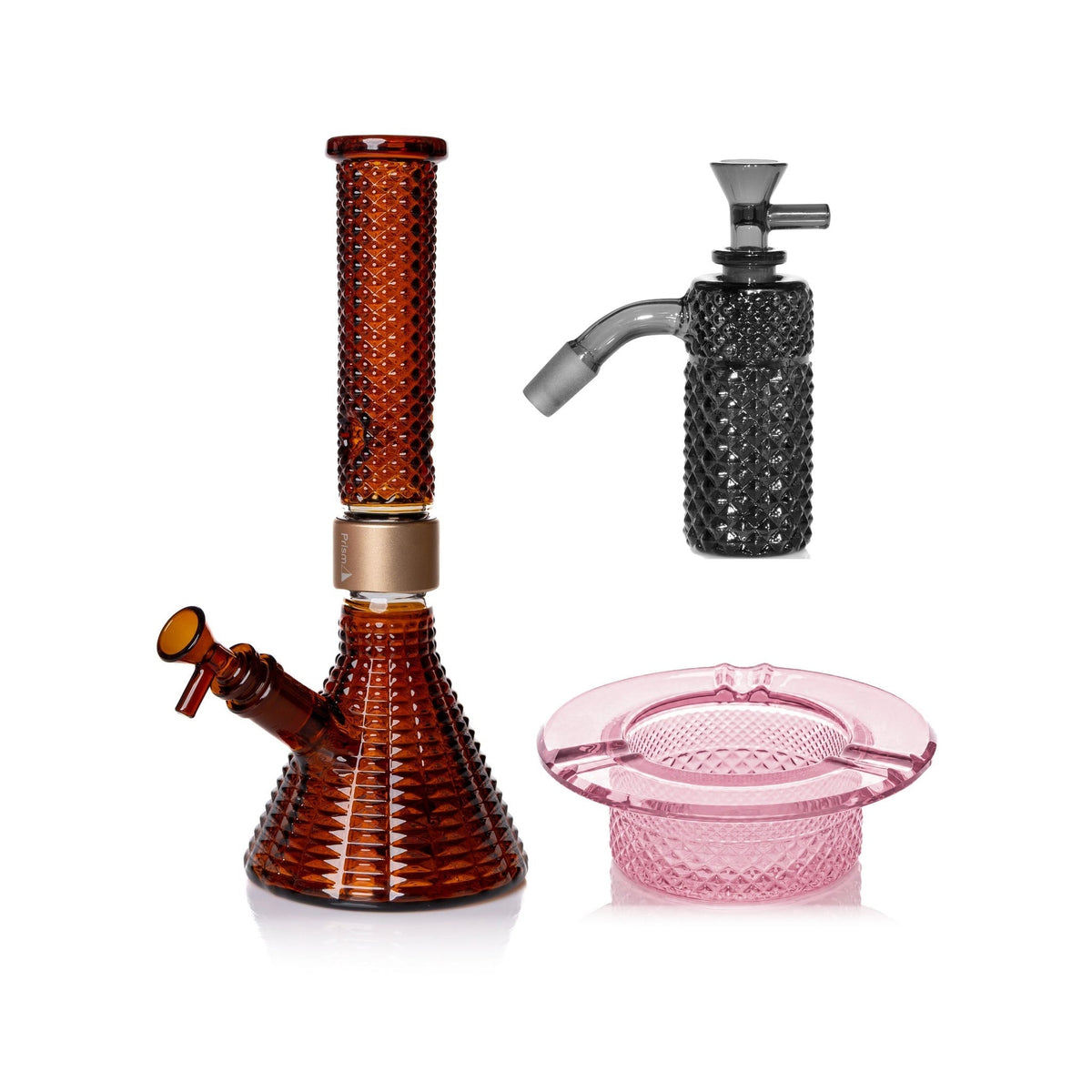 Jane West Premium Bundle: Midnight 45° ash catcher, Amber Jane West beaker bong and Pink Lemonade ashtray