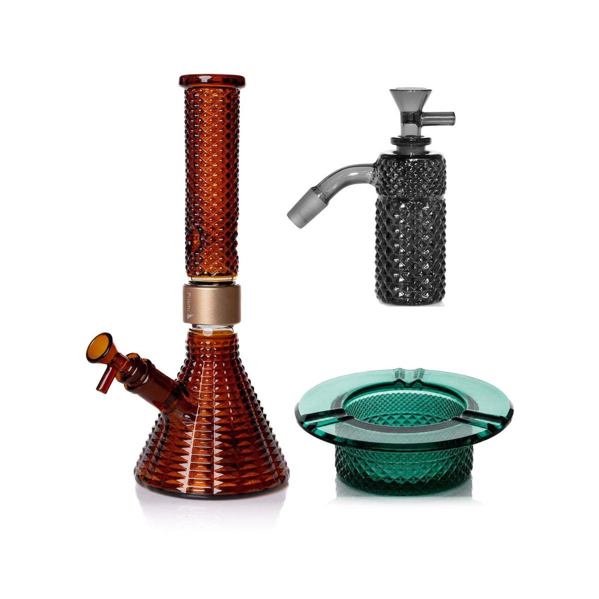 Jane West Premium Bundle: Midnight 45° ash catcher, Amber Jane West beaker bong and Teal ashtray