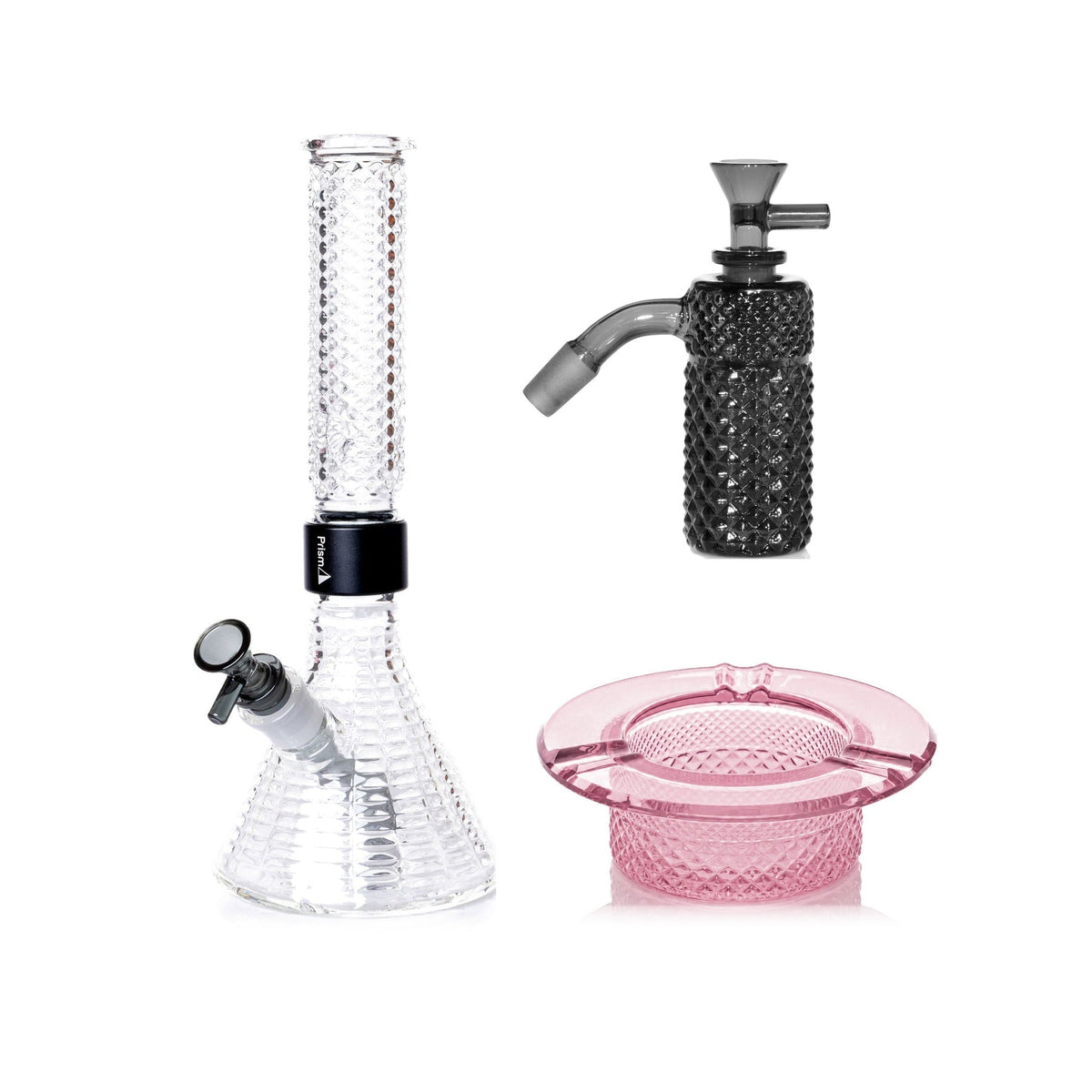 Jane West Premium Bundle: Midnight 45° ash catcher, Clear Jane West beaker bong and Pink Lemonade ashtray