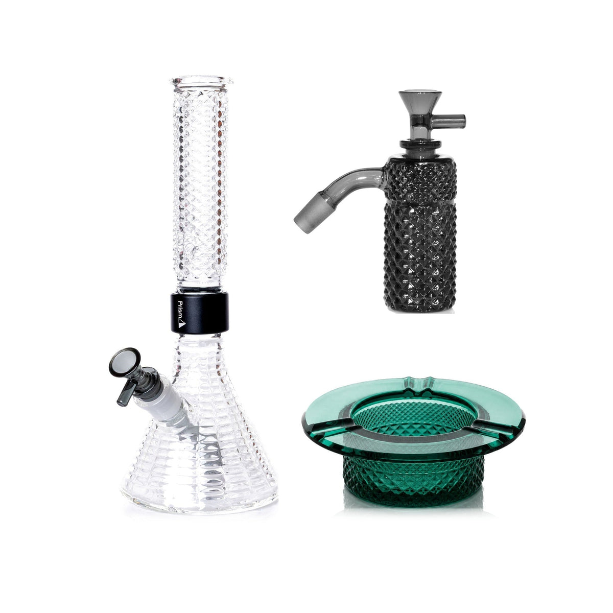 Jane West Premium Bundle: Midnight 45° ash catcher, Clear Jane West beaker bong and Teal ashtray