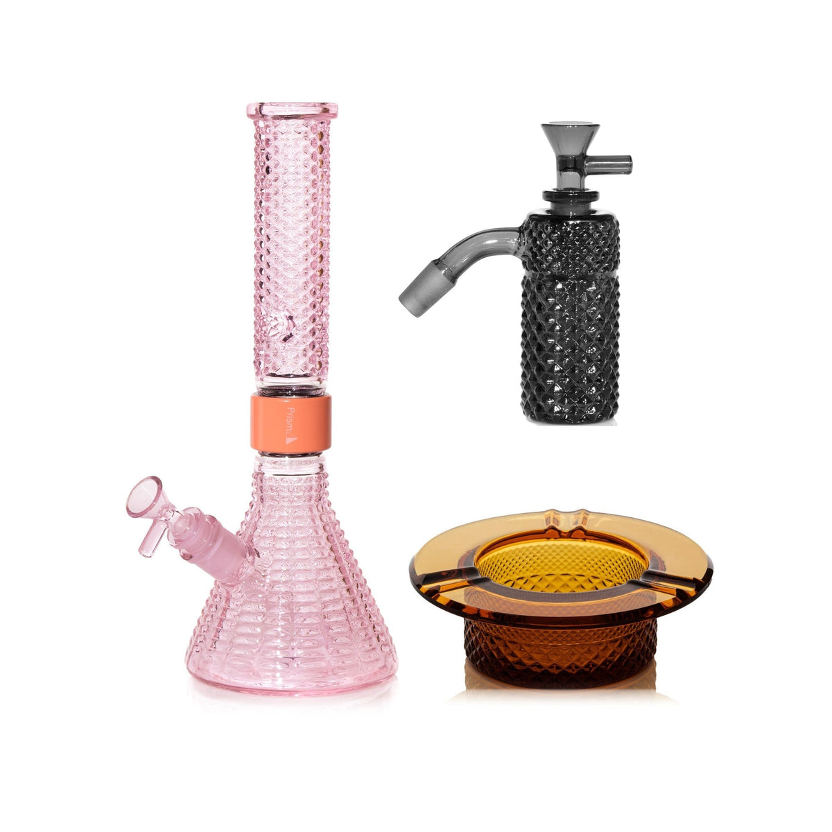 Jane West Premium Bundle: Midnight 45° ash catcher, Pink Lemonade Jane West beaker bong and Amber ashtray