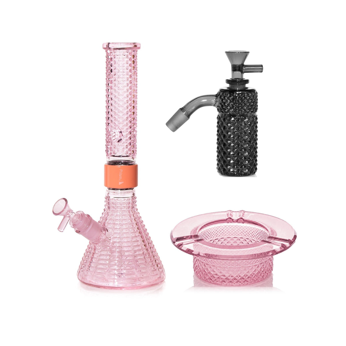 Jane West Premium Bundle: Midnight 45° ash catcher, Pink Lemonade Jane West beaker bong and Pink Lemonade ashtray
