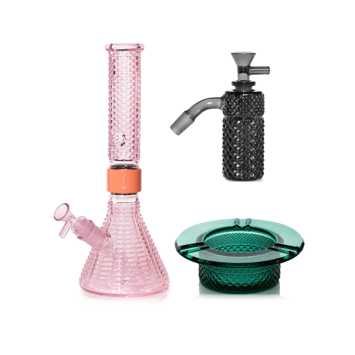 Jane West Premium Bundle: Midnight 45° ash catcher, Pink Lemonade Jane West beaker bong and Teal ashtray
