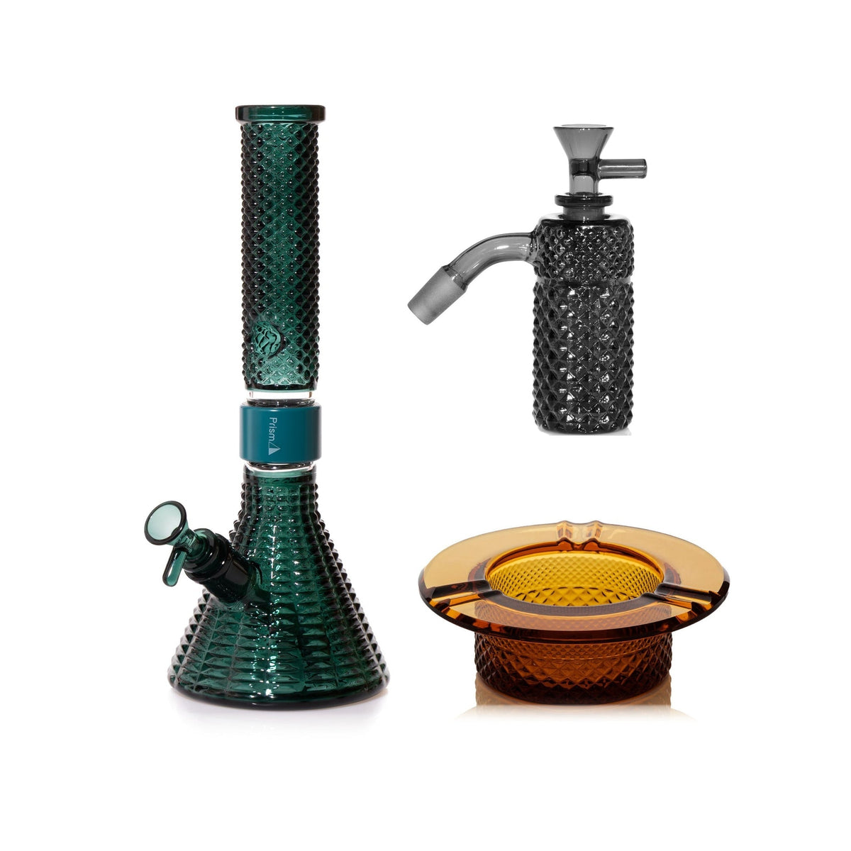 Jane West Premium Bundle: Midnight 45° ash catcher, Teal Jane West beaker bong and Amber ashtray