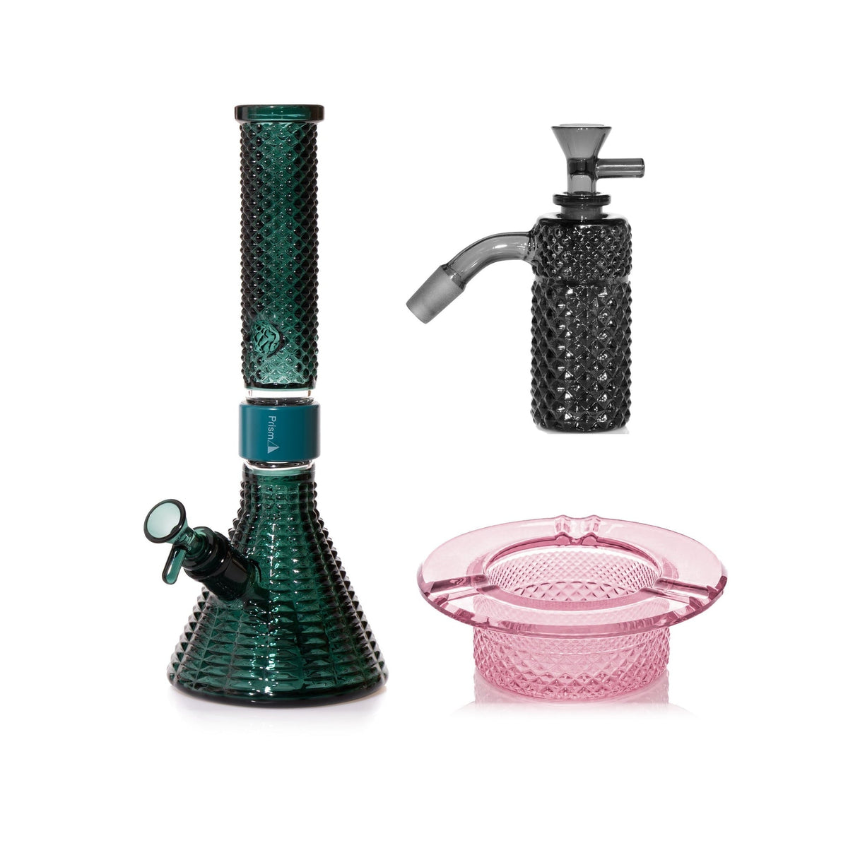 Jane West Premium Bundle: Midnight 45° ash catcher, Teal Jane West beaker bong and Pink Lemonade ashtray