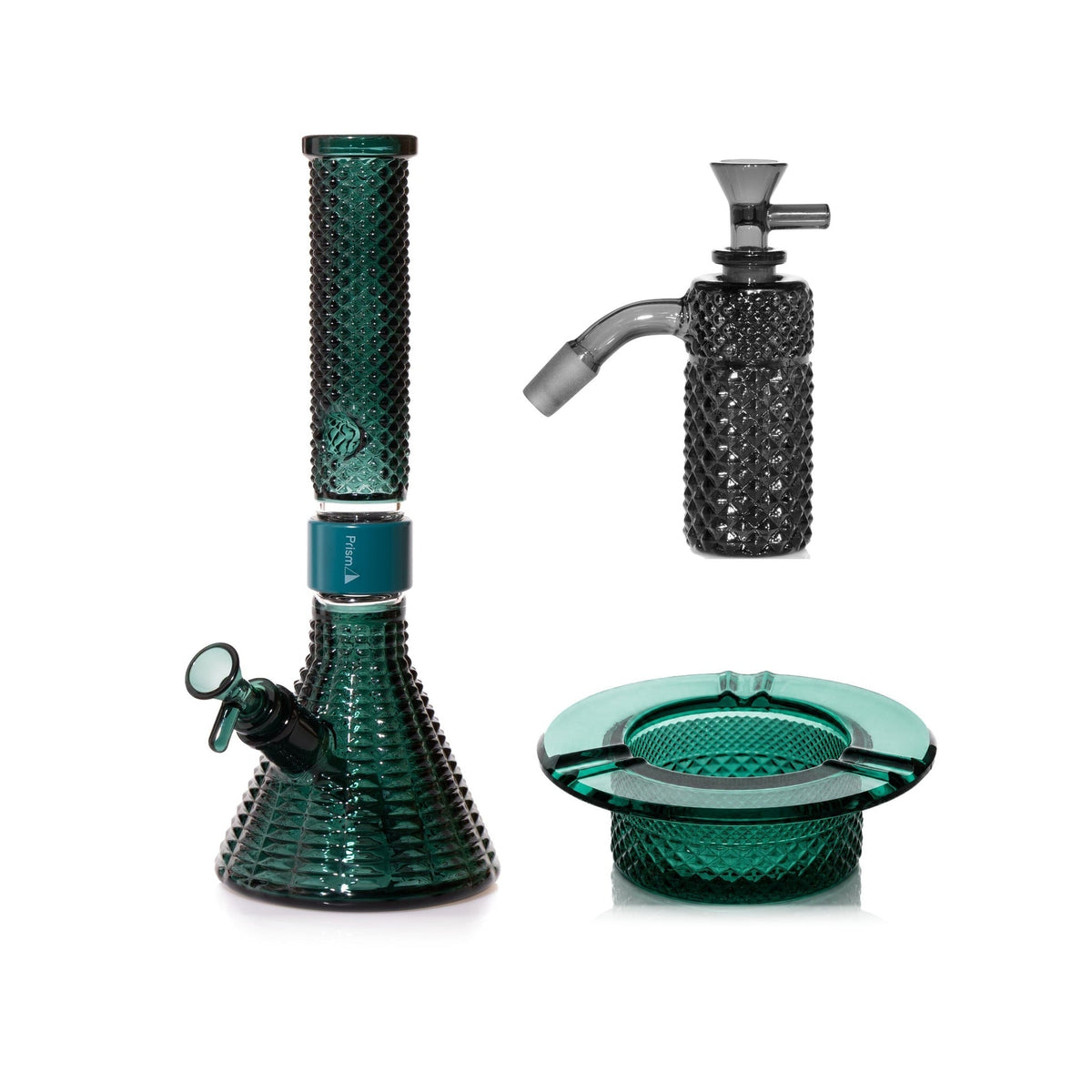Jane West Premium Bundle: Midnight 45° ash catcher, Teal Jane West beaker bong and Teal ashtray
