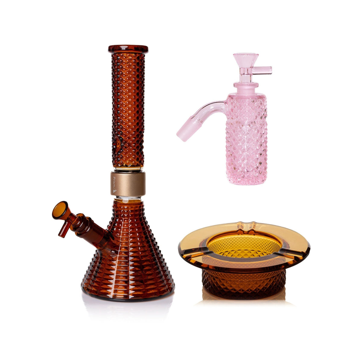 Jane West Premium Bundle: Pink Lemonade 45° ash catcher, Amber Jane West beaker bong and Amber ashtray