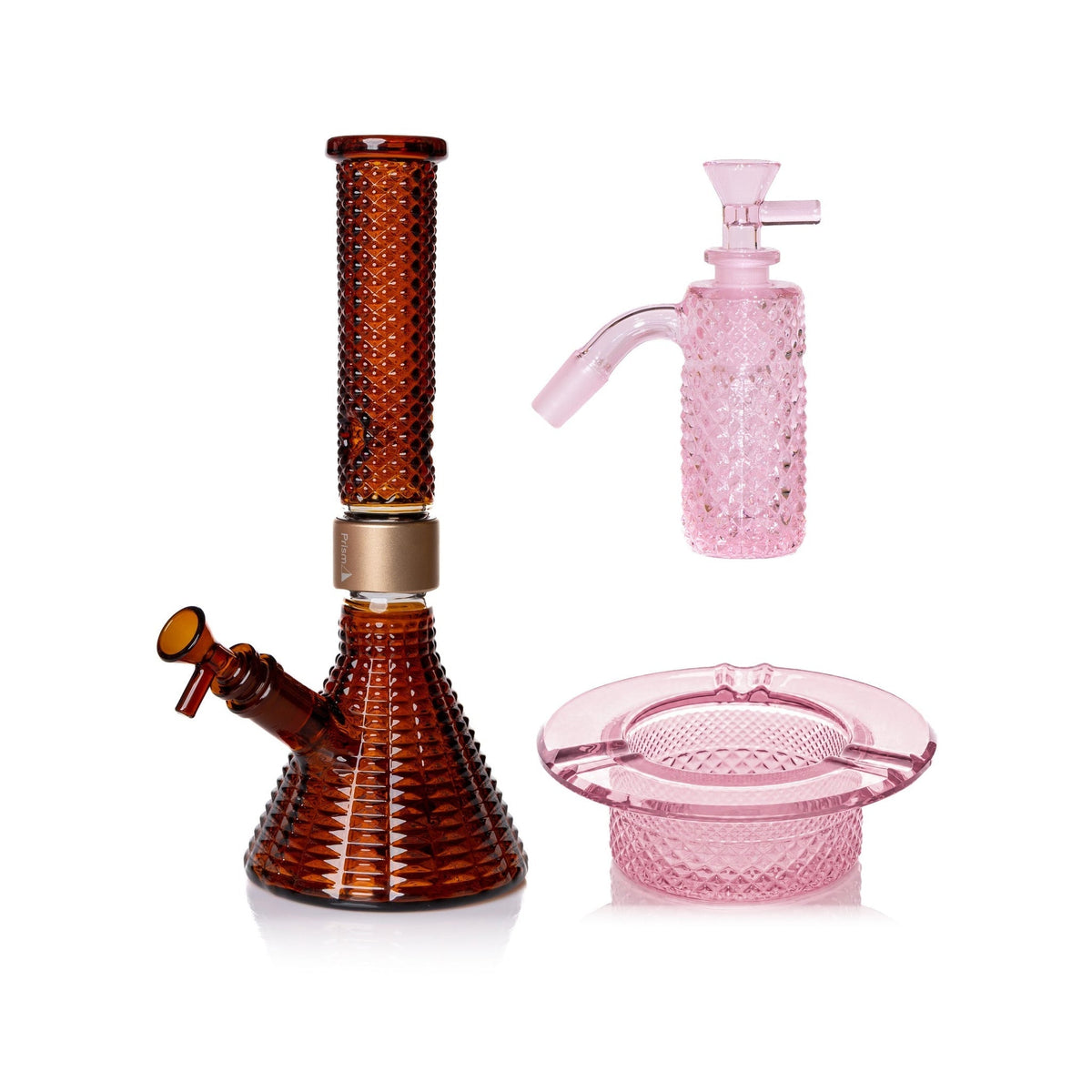 Jane West Premium Bundle: Pink Lemonade 45° ash catcher, Amber Jane West beaker bong and Pink Lemonade ashtray