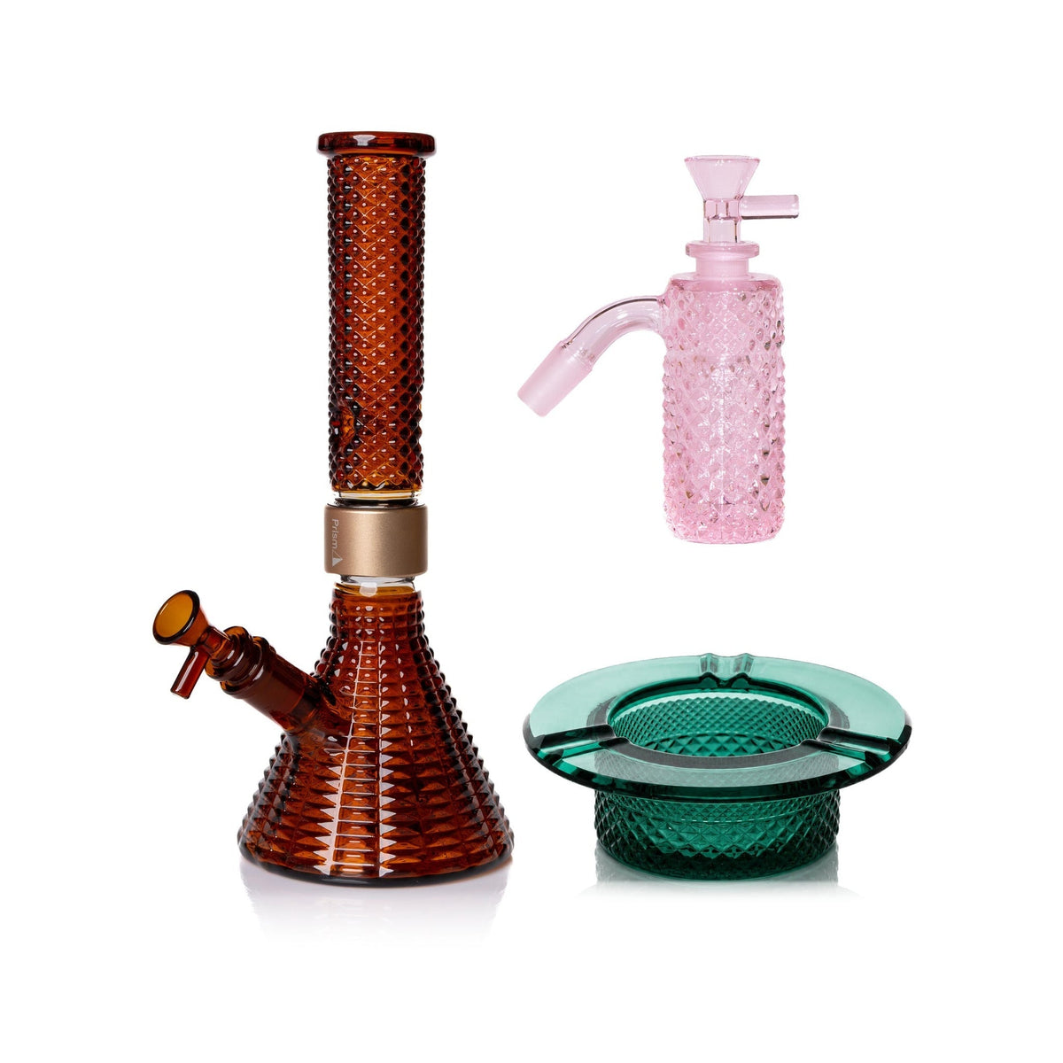 Jane West Premium Bundle: Pink Lemonade 45° ash catcher, Amber Jane West beaker bong and Teal ashtray