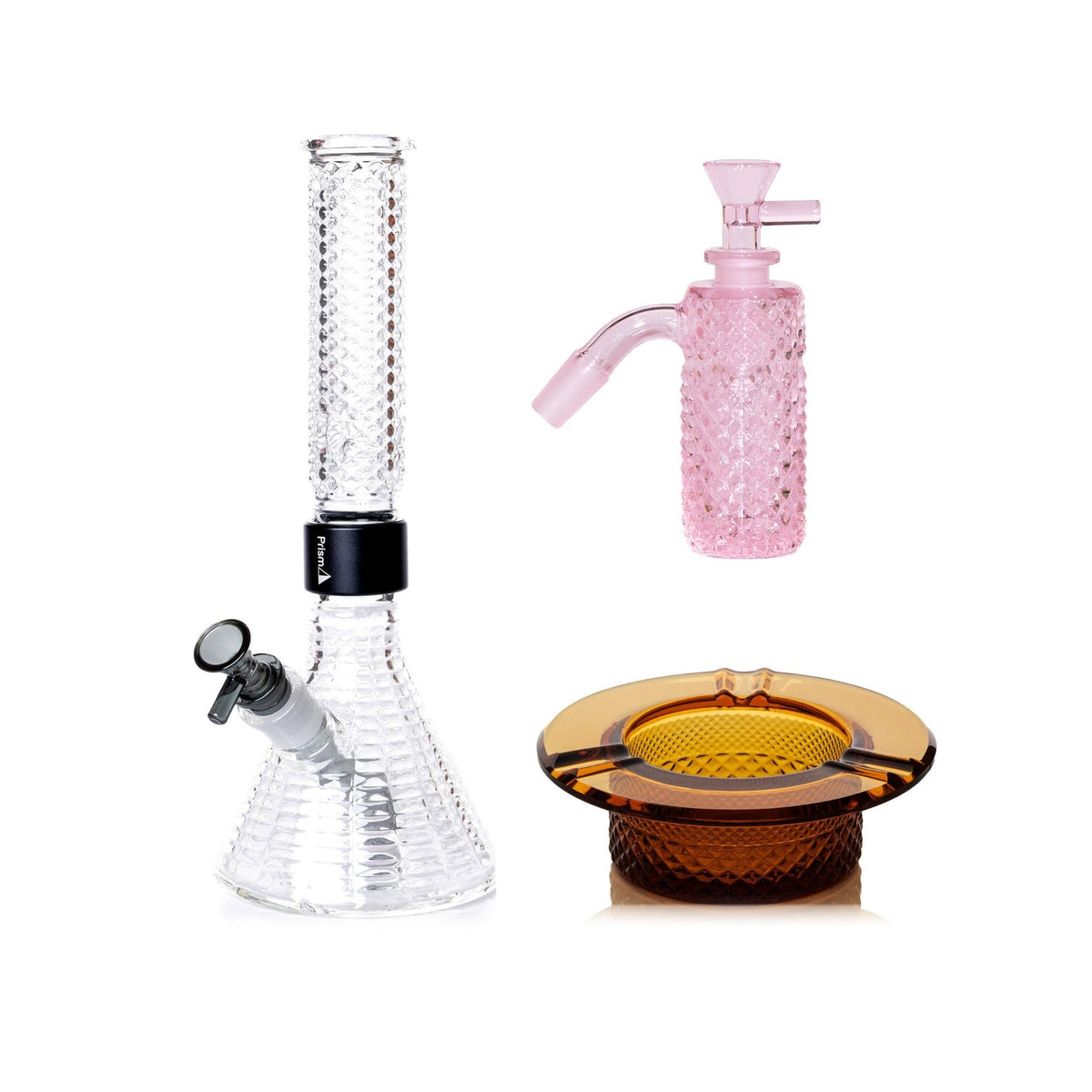 Jane West Premium Bundle: Pink Lemonade 45° ash catcher, Clear Jane West beaker bong and Amber ashtray