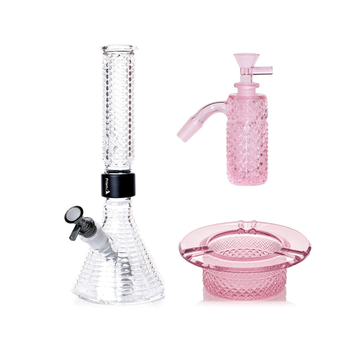 Jane West Premium Bundle: Pink Lemonade 45° ash catcher, Clear Jane West beaker bong and Pink Lemonade ashtray