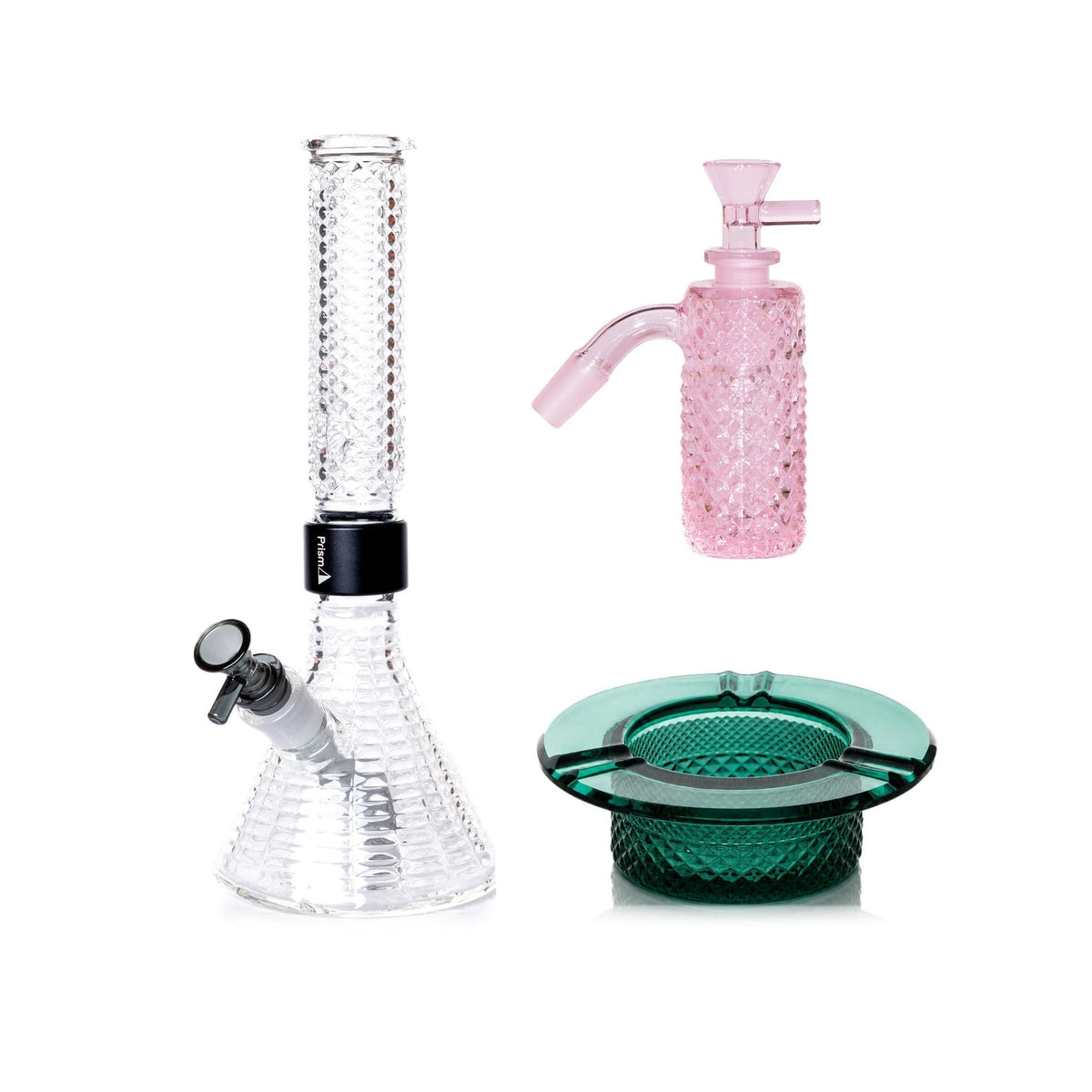 Jane West Premium Bundle: Pink Lemonade 45° ash catcher, Clear Jane West beaker bong and Teal ashtray