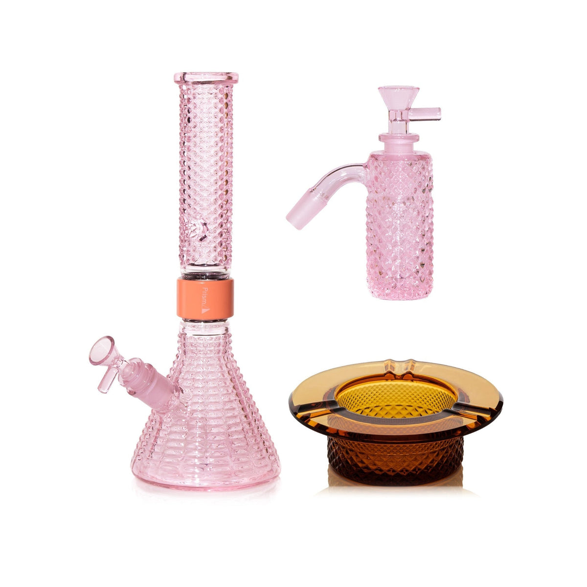 Jane West Premium Bundle: Pink Lemonade 45° ash catcher, Pink Lemonade Jane West beaker bong and Amber ashtray