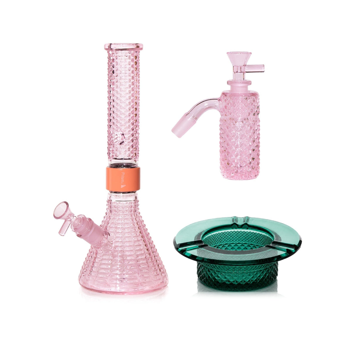 Jane West Premium Bundle: Pink Lemonade 45° ash catcher, Pink Lemonade Jane West beaker bong and Teal ashtray