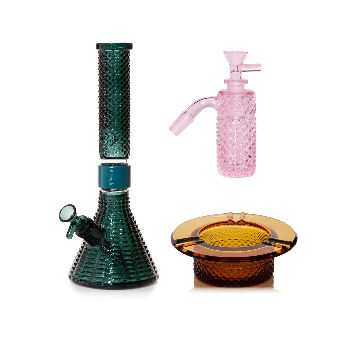 Jane West Premium Bundle: Pink Lemonade 45° ash catcher, Teal Jane West beaker bong and Amber ashtray