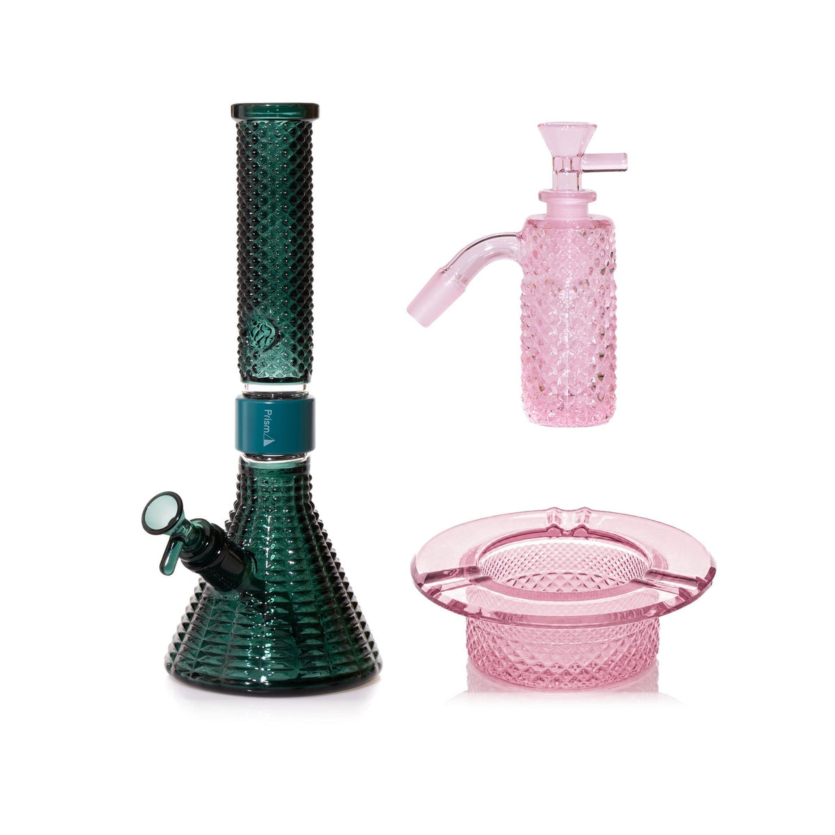 Jane West Premium Bundle: Pink Lemonade 45° ash catcher, Teal Jane West beaker bong and Pink Lemonade ashtray
