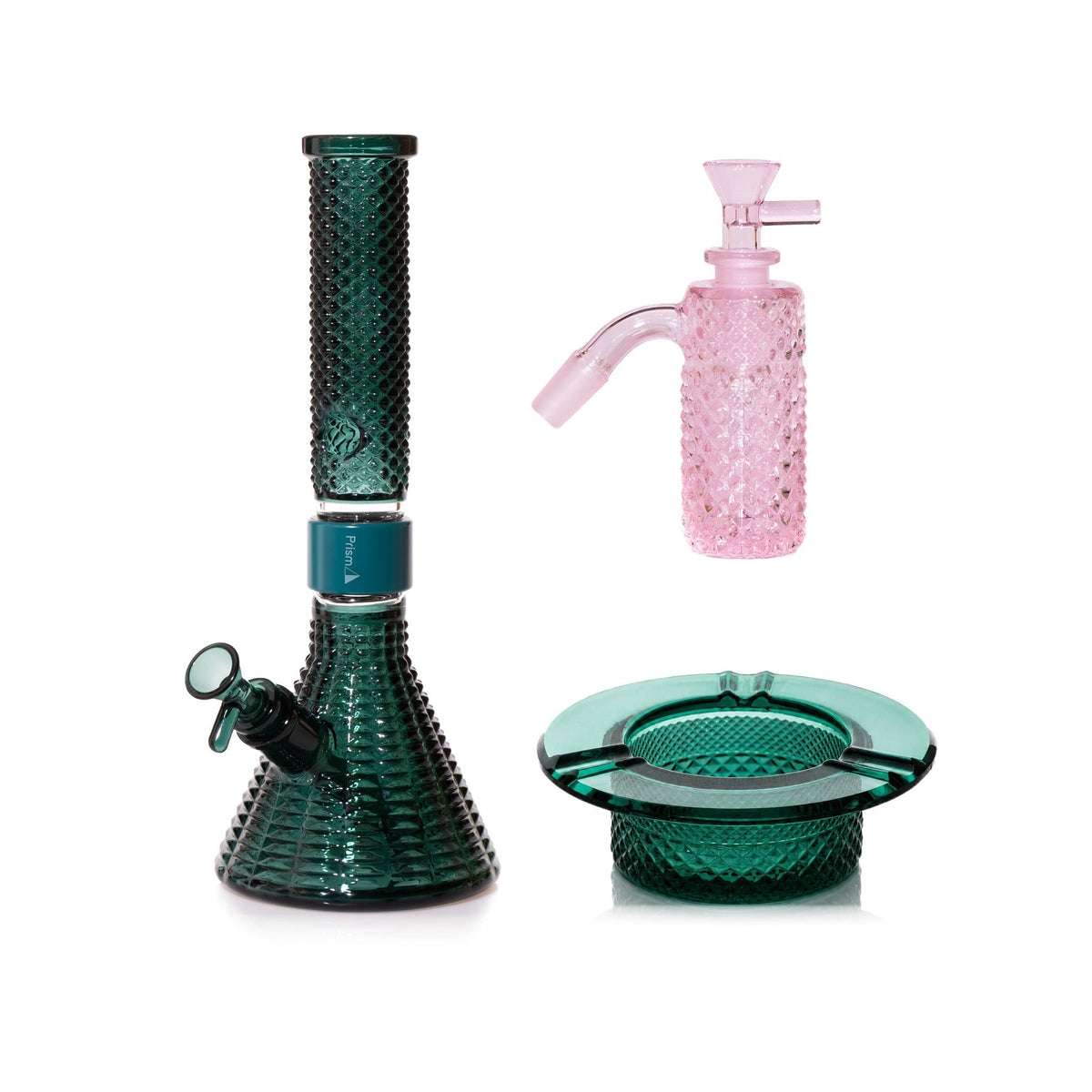 Jane West Premium Bundle: Pink Lemonade 45° ash catcher, Teal Jane West beaker bong and Teal ashtray