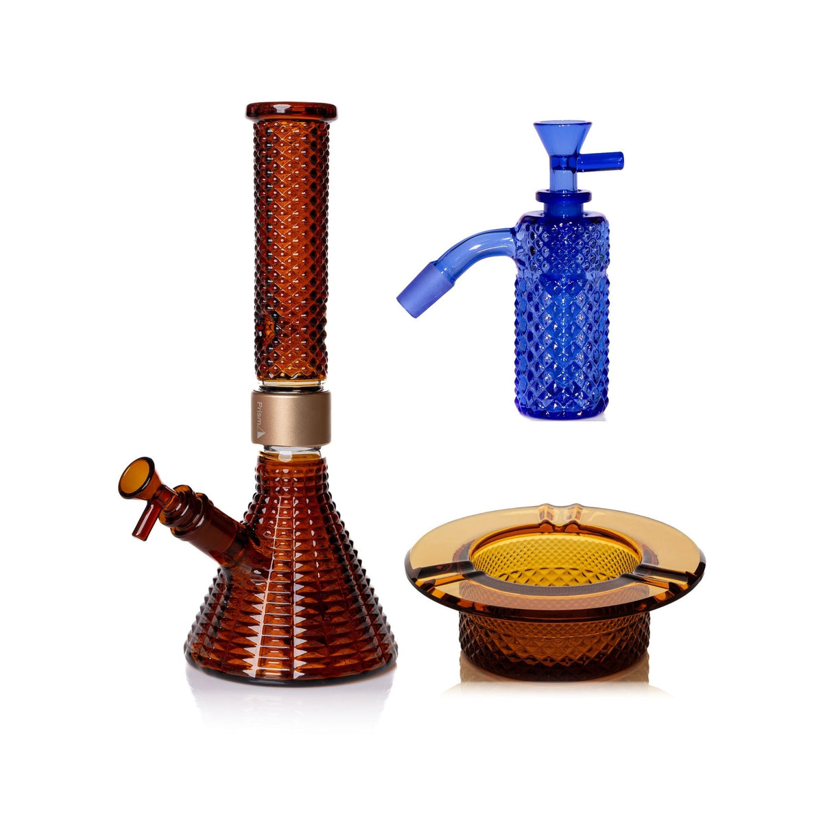 Jane West Premium Bundle: Sapphire 45° ash catcher, Amber Jane West beaker bong and Amber ashtray