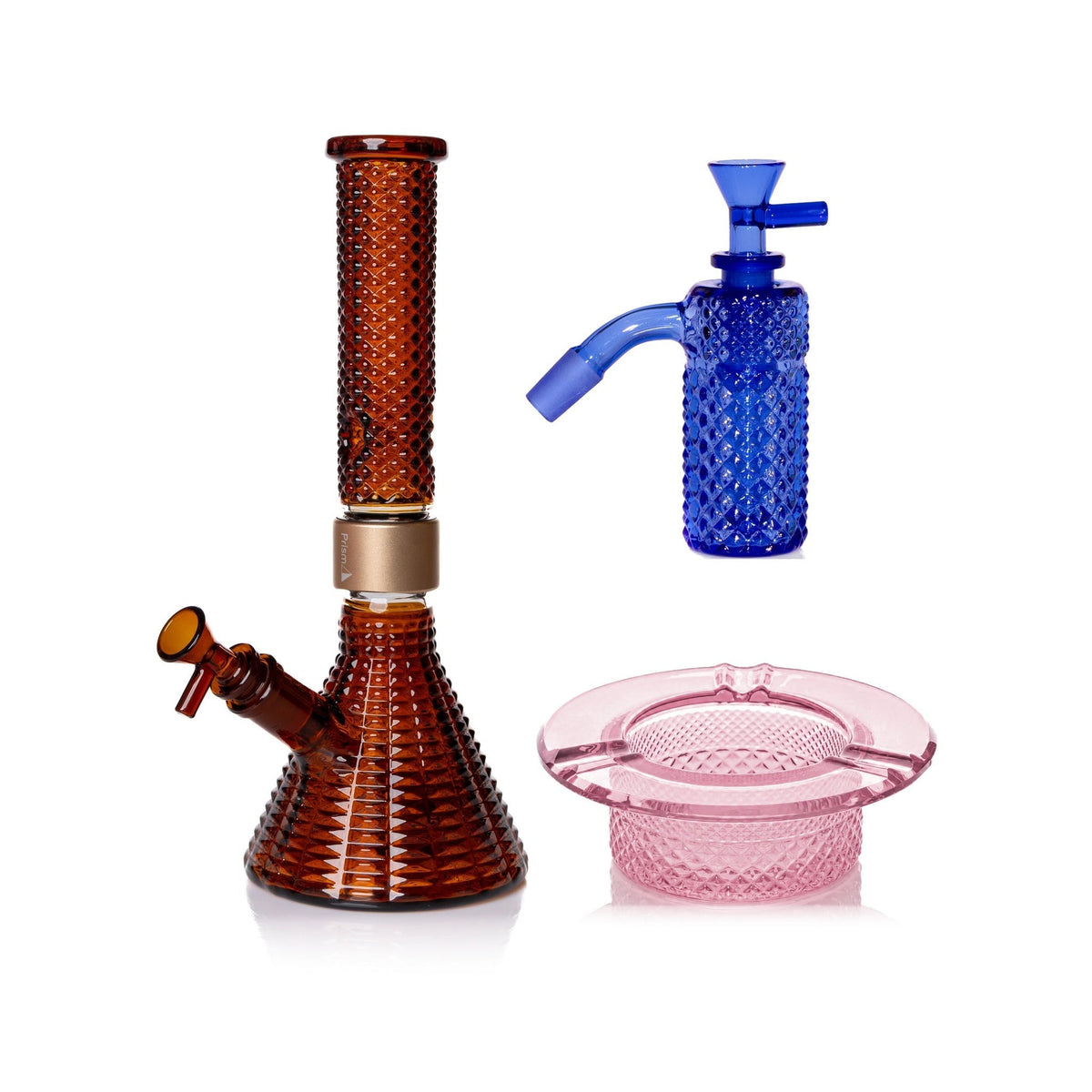 Jane West Premium Bundle: Sapphire 45° ash catcher, Amber Jane West beaker bong and Pink Lemonade ashtray
