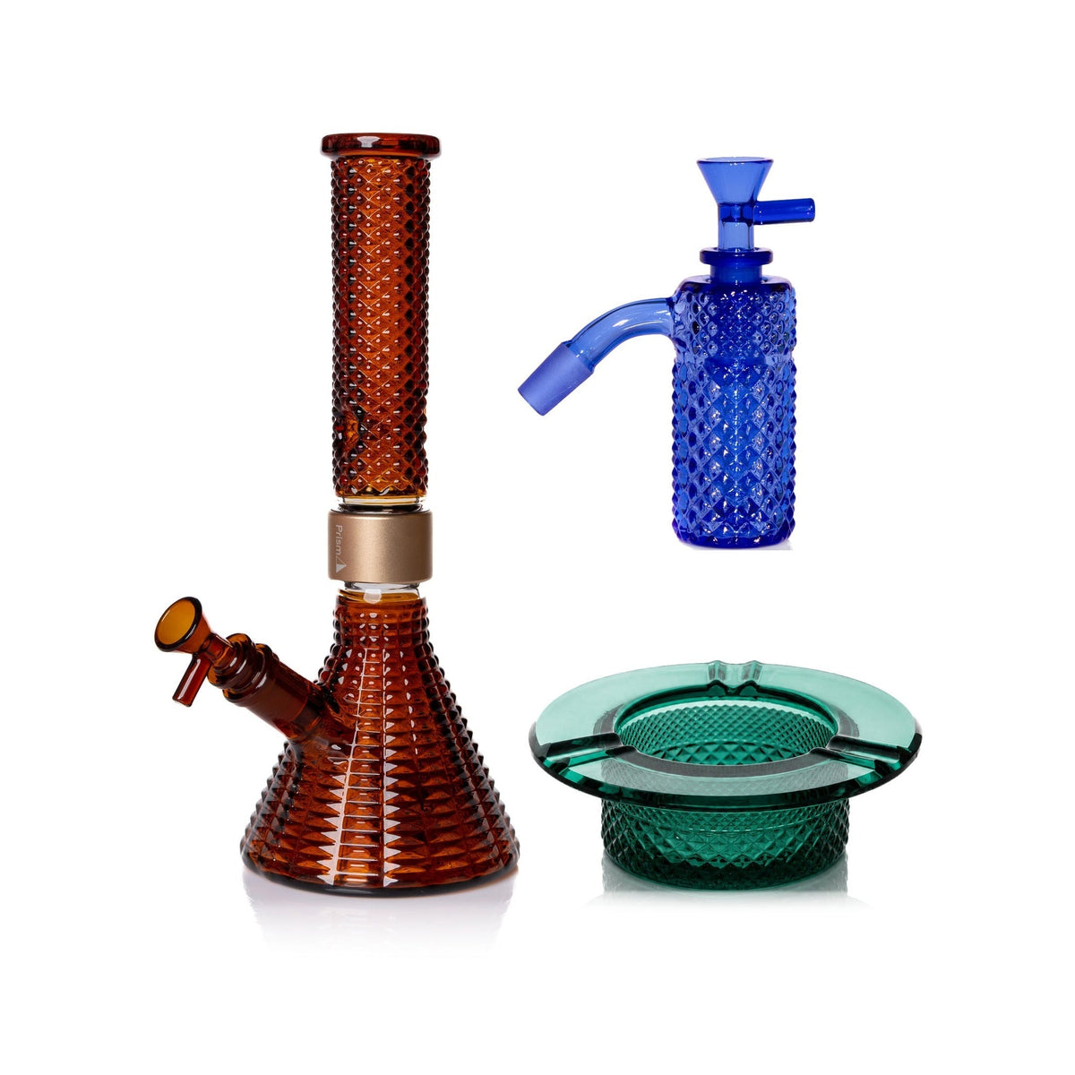 Jane West Premium Bundle: Sapphire 45° ash catcher, Amber Jane West beaker bong and Teal ashtray