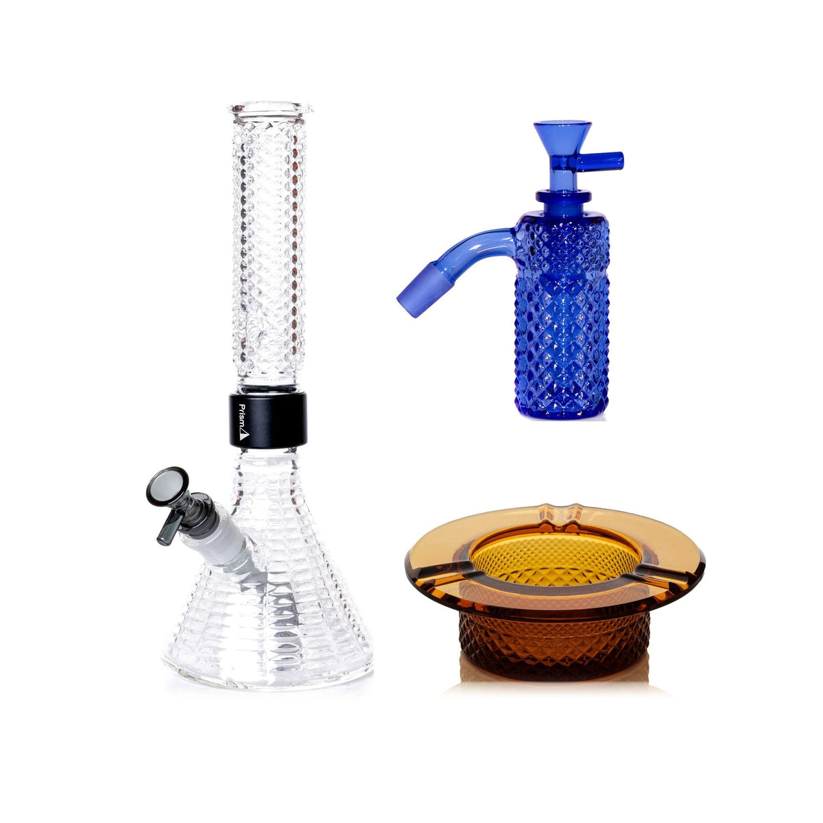 Jane West Premium Bundle: Sapphire 45° ash catcher, Clear Jane West beaker bong and Amber ashtray