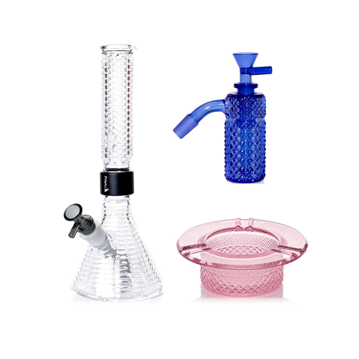 Jane West Premium Bundle: Sapphire 45° ash catcher, Clear Jane West beaker bong and Pink Lemonade ashtray