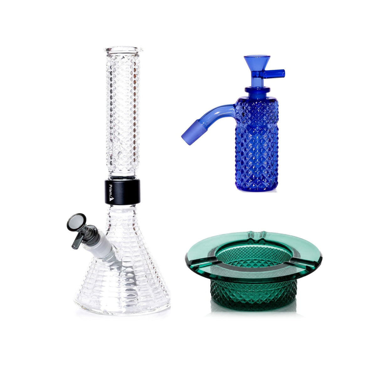 Jane West Premium Bundle: Sapphire 45° ash catcher, Clear Jane West beaker bong and Teal ashtray
