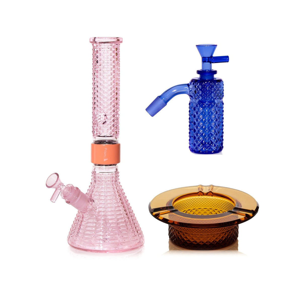 Jane West Premium Bundle: Sapphire 45° ash catcher, Pink Lemonade Jane West beaker bong and Amber ashtray