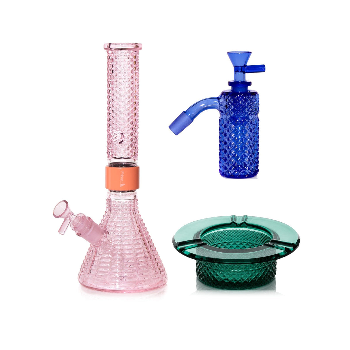 Jane West Premium Bundle: Sapphire 45° ash catcher, Pink Lemonade Jane West beaker bong and Teal ashtray