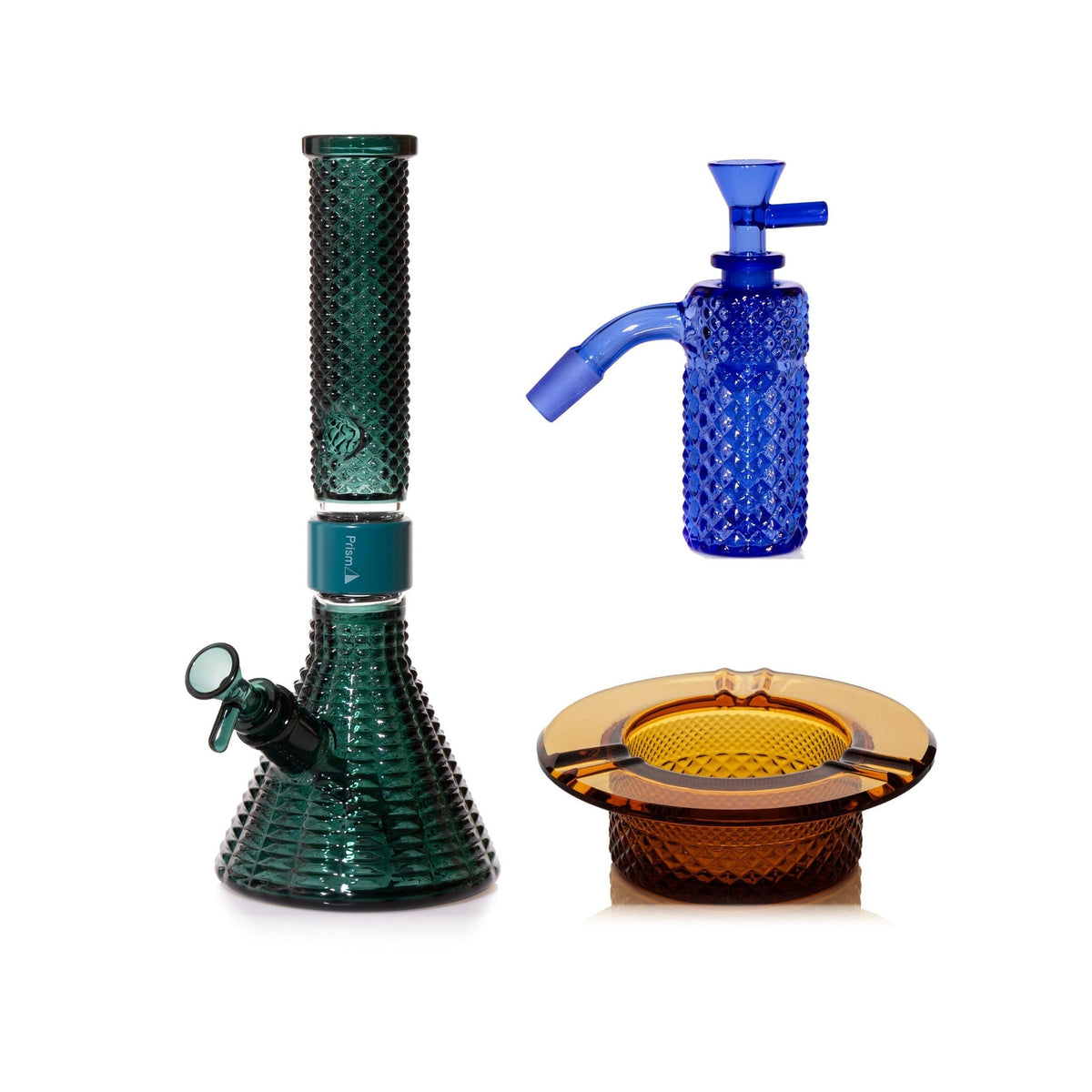 Jane West Premium Bundle: Sapphire 45° ash catcher, Teal Jane West beaker bong and Amber ashtray