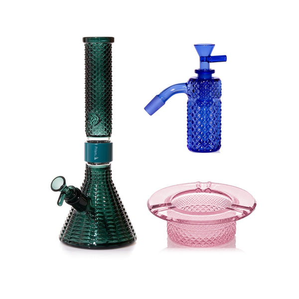 Jane West Premium Bundle: Sapphire 45° ash catcher, Teal Jane West beaker bong and Pink Lemonade ashtray