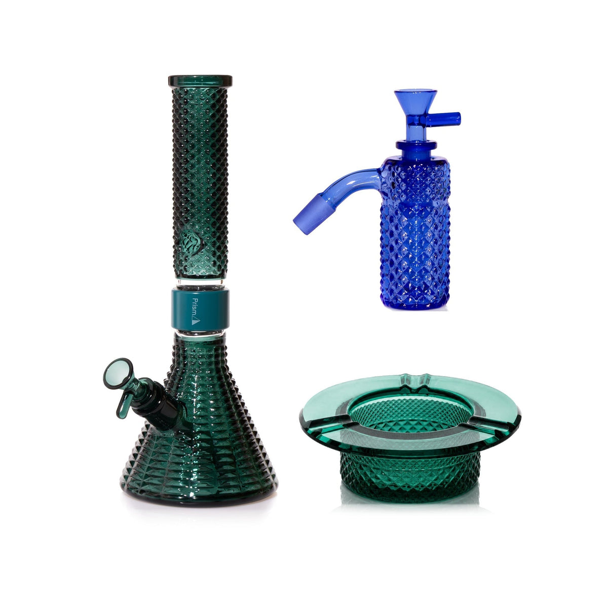 Jane West Premium Bundle: Sapphire 45° ash catcher, Teal Jane West beaker bong and Teal ashtray