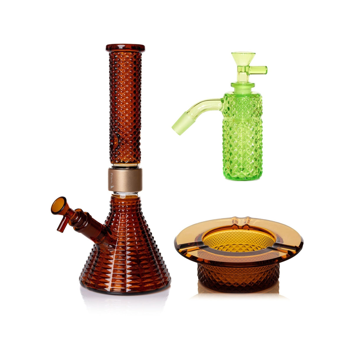 Jane West Premium Bundle: Slime 45° ash catcher, Amber Jane West beaker bong and Amber ashtray