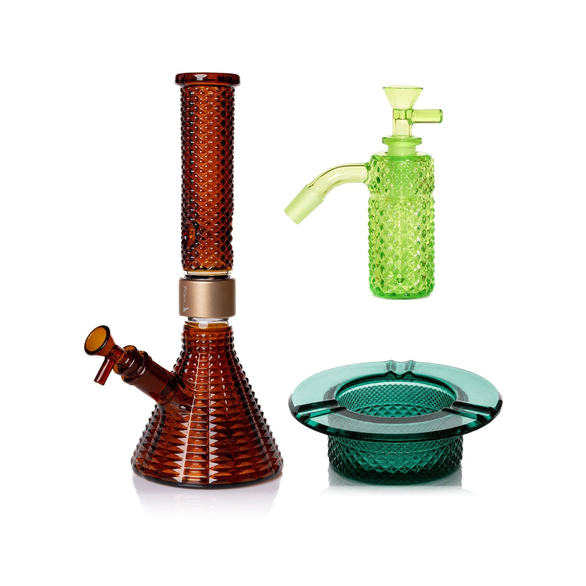 Jane West Premium Bundle: Slime 45° ash catcher, Amber Jane West beaker bong and Teal ashtray