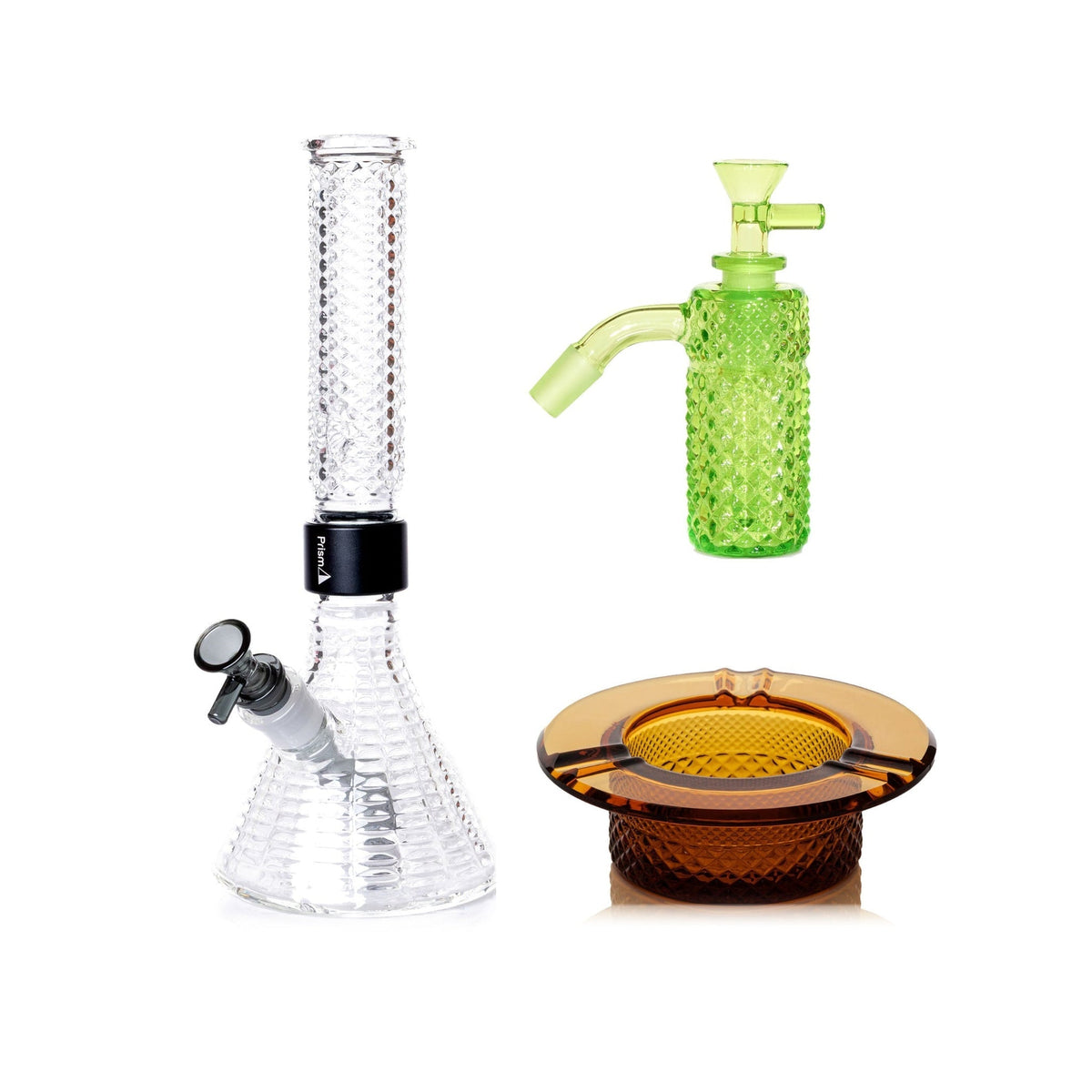 Jane West Premium Bundle: Slime 45° ash catcher, Clear Jane West beaker bong and Amber ashtray