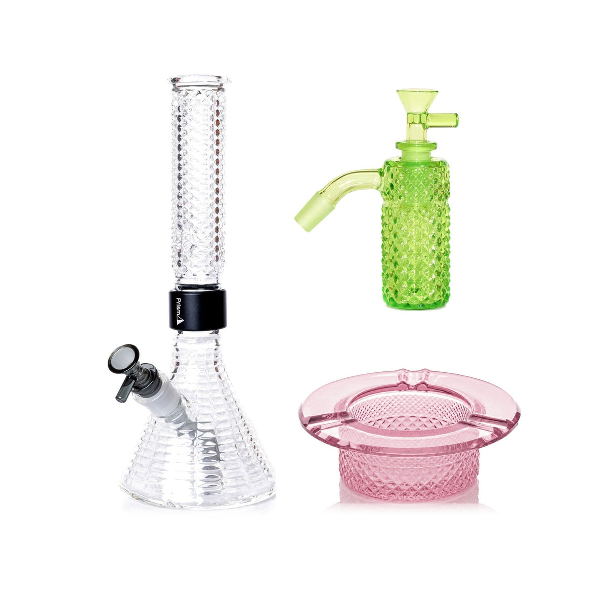 Jane West Premium Bundle: Slime 45° ash catcher, Clear Jane West beaker bong and Pink Lemonade ashtray