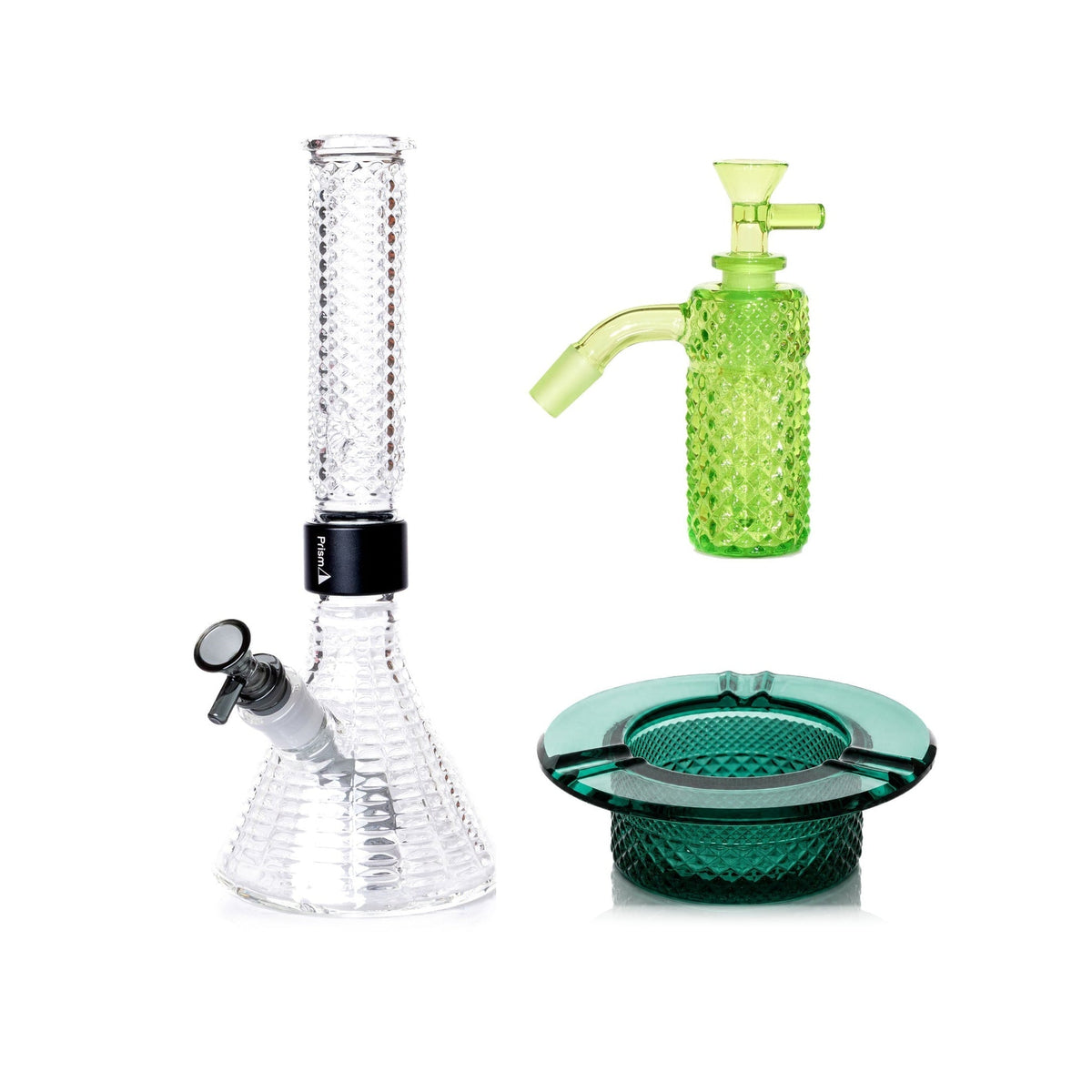 Jane West Premium Bundle: Slime 45° ash catcher, Clear Jane West beaker bong and Teal ashtray
