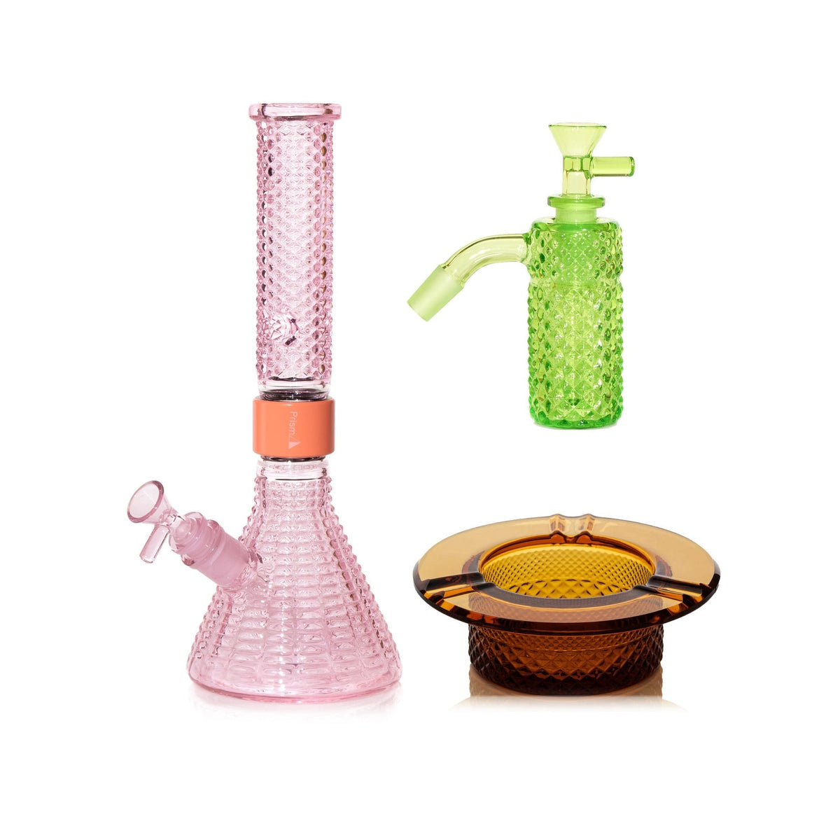Jane West Premium Bundle: Slime 45° ash catcher, Pink Lemonade Jane West beaker bong and Amber ashtray