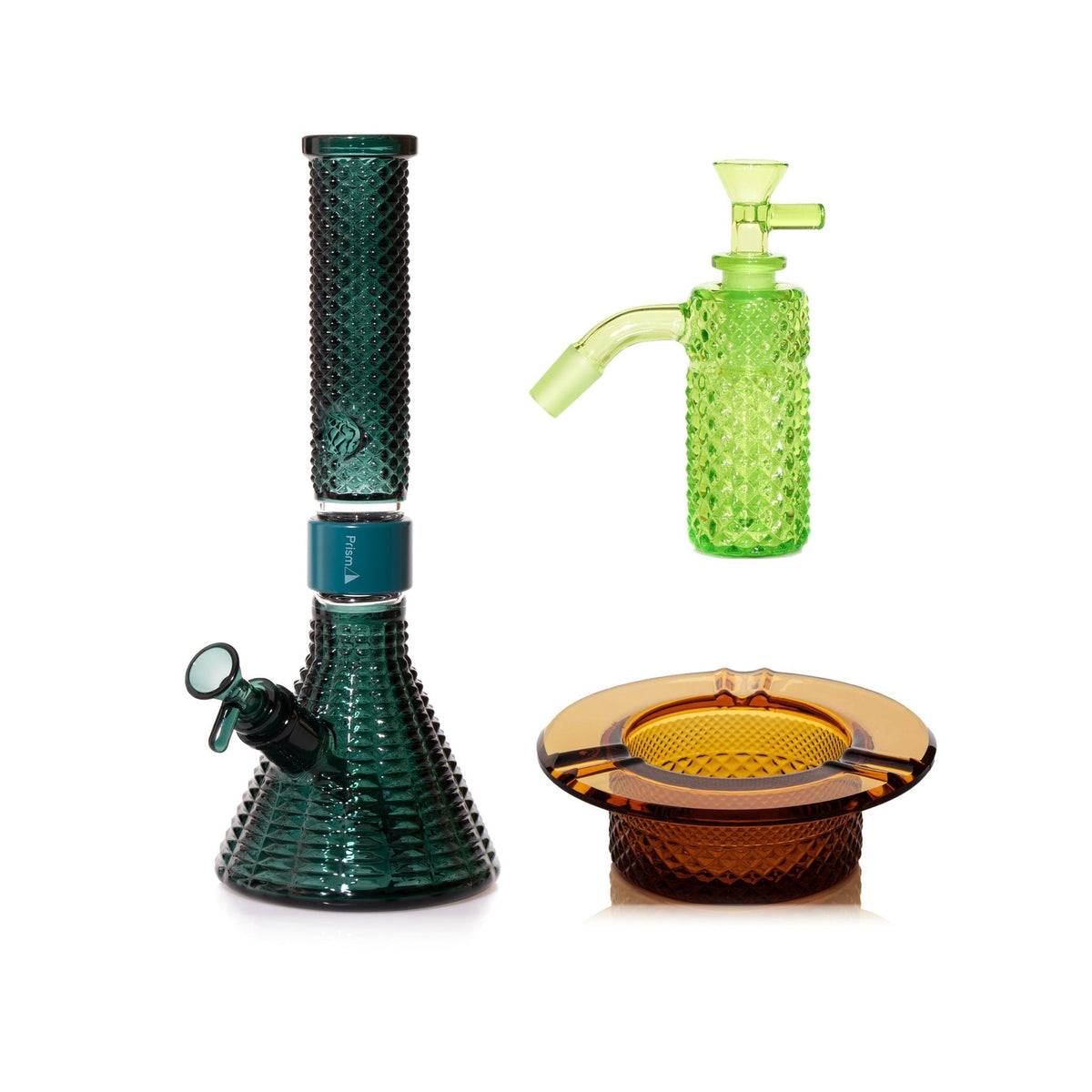 Jane West Premium Bundle: Slime 45° ash catcher, Teal Jane West beaker bong and Amber ashtray