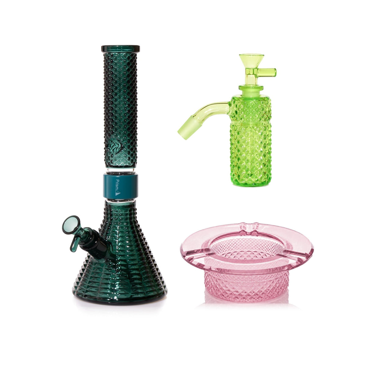 Jane West Premium Bundle: Slime 45° ash catcher, Teal Jane West beaker bong and Pink Lemonade ashtray