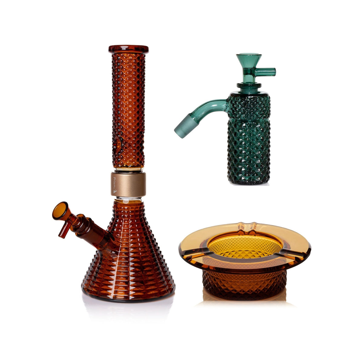 Jane West Premium Bundle: Teal 45° ash catcher, Amber Jane West beaker bong and Amber ashtray