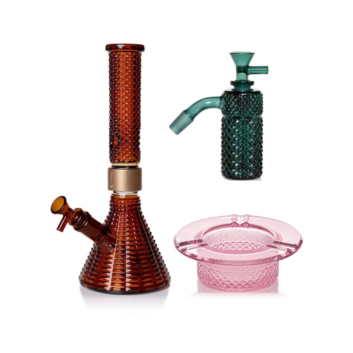 Jane West Premium Bundle: Teal 45° ash catcher, Amber Jane West beaker bong and Pink Lemonade ashtray