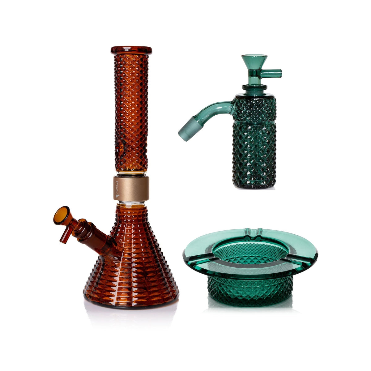 Jane West Premium Bundle: Teal 45° ash catcher, Amber Jane West beaker bong and Teal ashtray