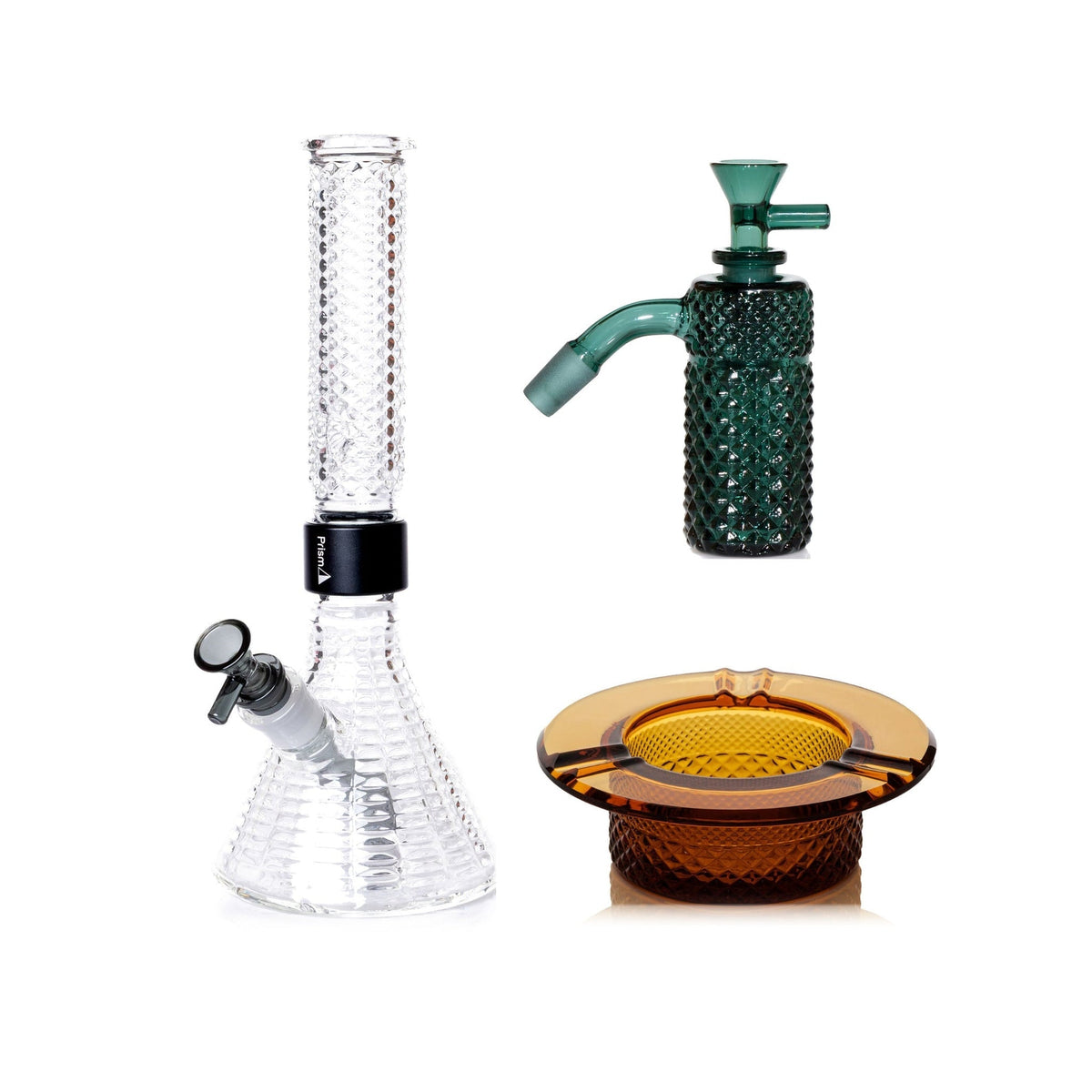 Jane West Premium Bundle: Teal 45° ash catcher, Clear Jane West beaker bong and Amber ashtray