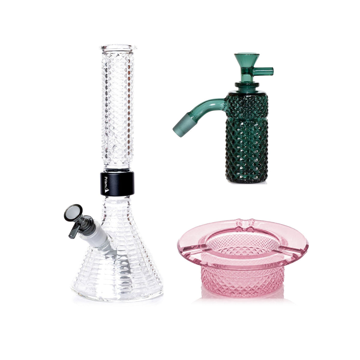 Jane West Premium Bundle: Teal 45° ash catcher, Clear Jane West beaker bong and Pink Lemonade ashtray